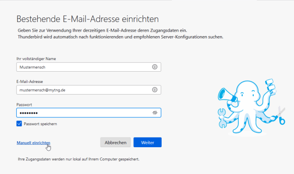E-Mailadresse und Passwort eintragen und auf manuell einrichten klicken